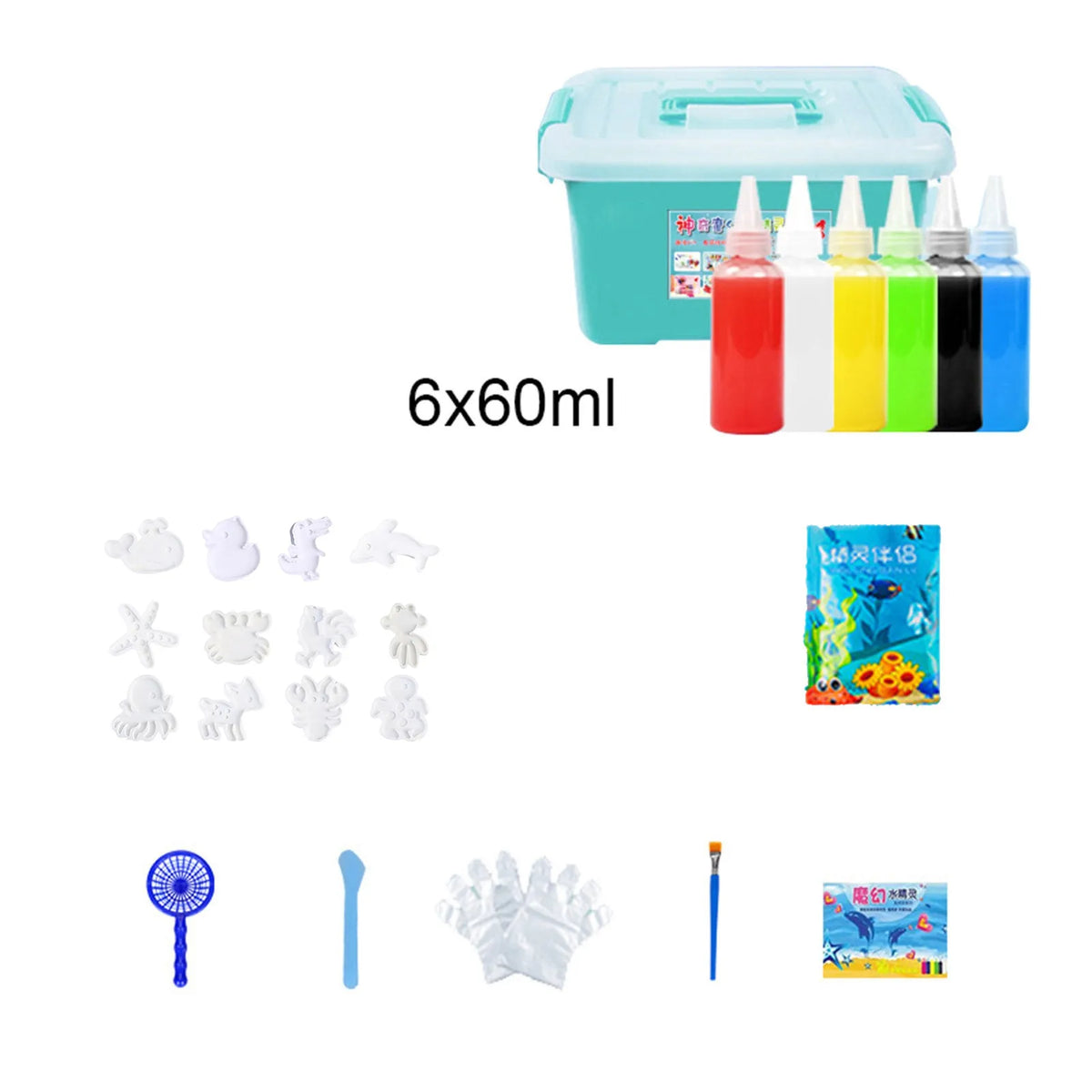 A craft kit featuring various colored bottles, a plastic container, and tools like a brush and gloves for DIY water elf craft