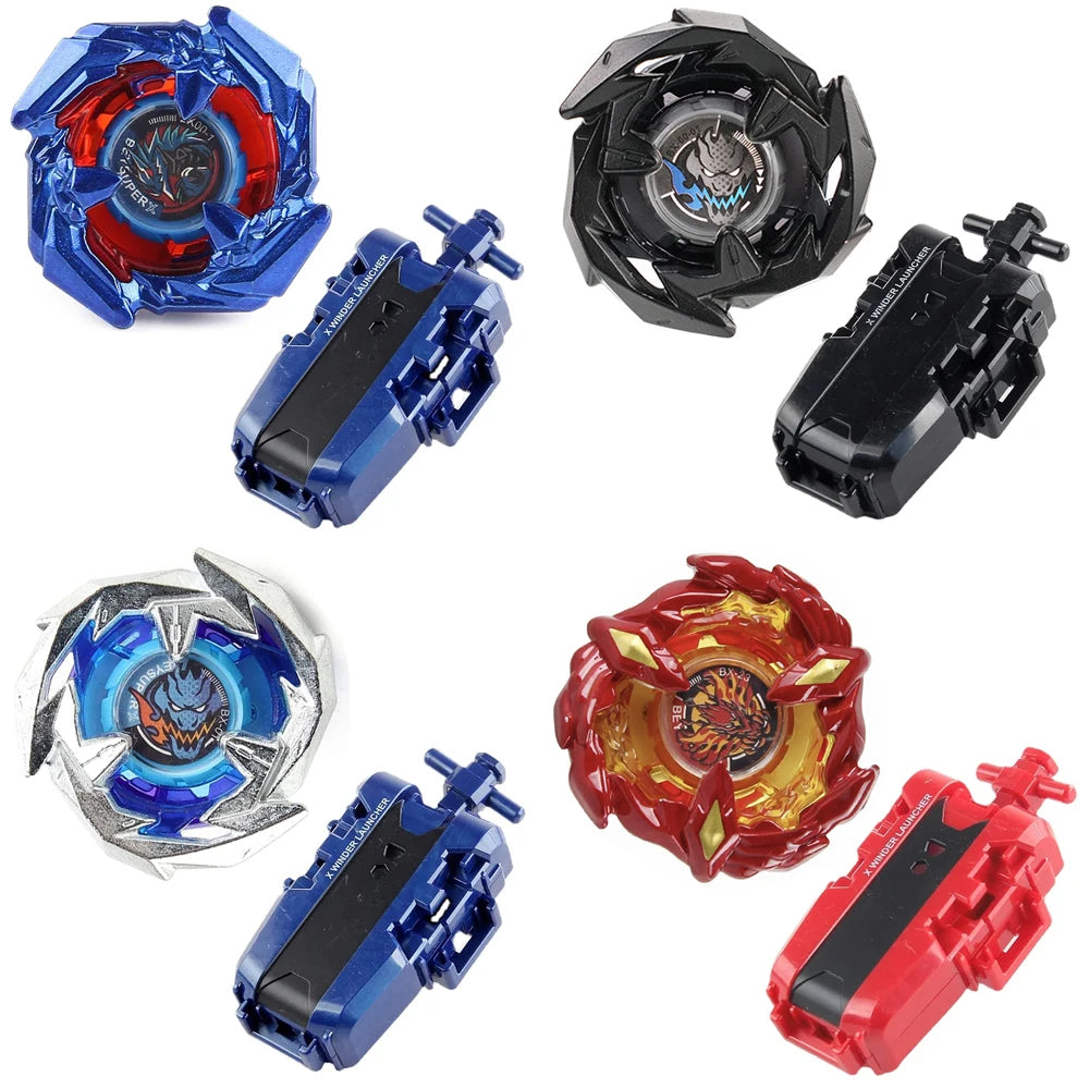 A set of Beyblade components including a blue gyroscope, a black launcher, a red Phoenix Wing, and a yellow Drumsword.
