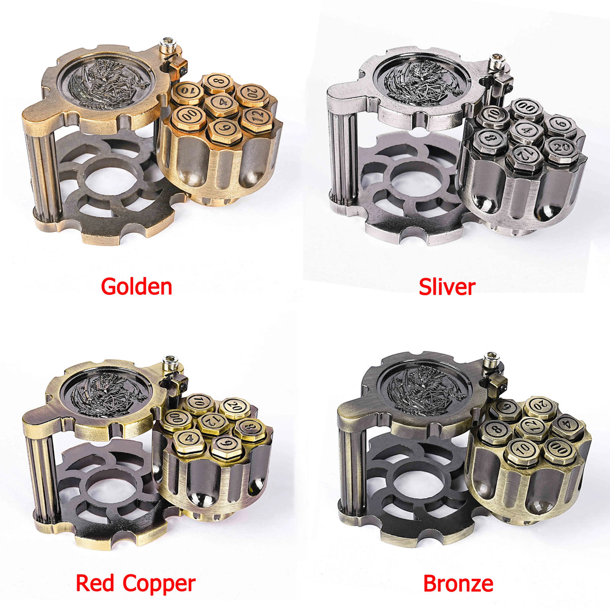 Golden Metal Revolver Dice Set for Tabletop RPGs