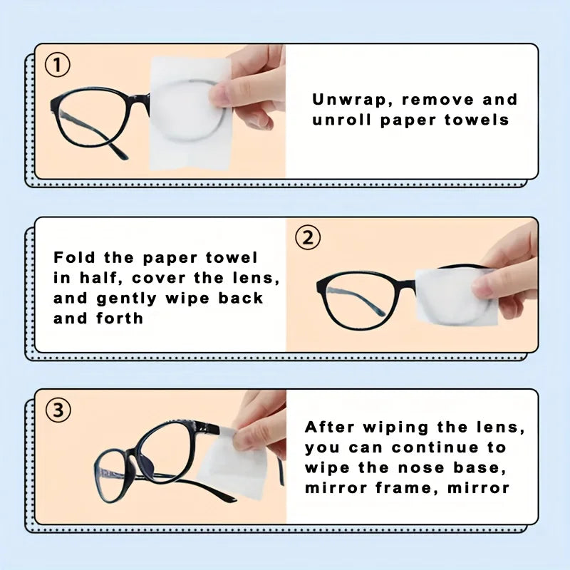 Instructions for unwrapping, folding, and using disposable paper towels to clean eyeglasses.