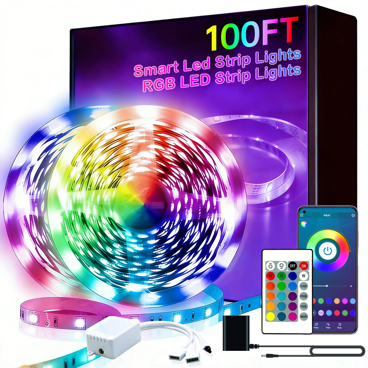 A display showing 100FT Smart LED Strip Lights RGB LED Strip Lights with a remote and smartphone control.