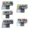 A set of spinning top customization accessories and storage boxes with digital measuring devices.