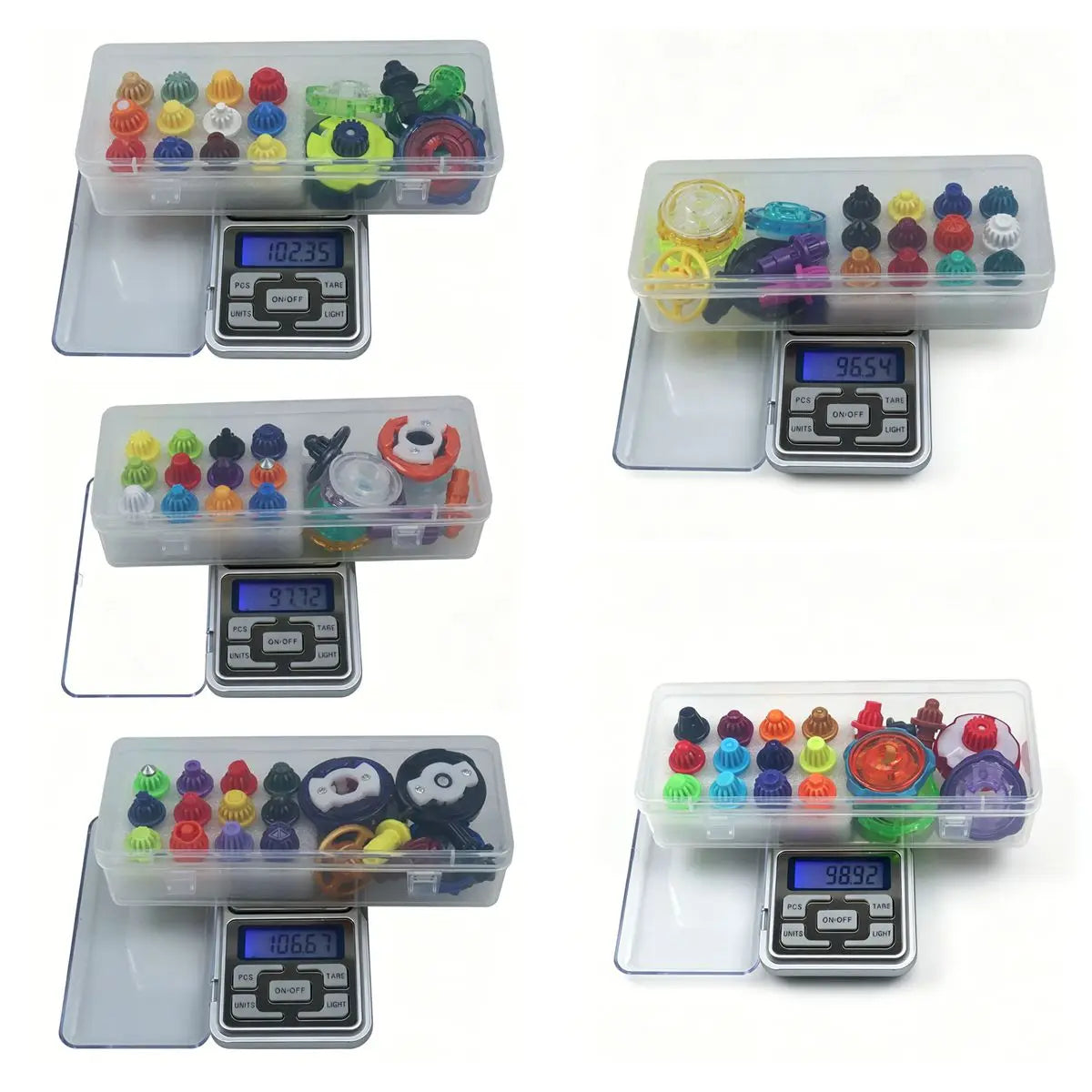 A set of spinning top customization accessories and storage boxes with digital measuring devices.
