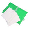 A stack of white disposable toilet seat covers is shown next to a green plastic tray.