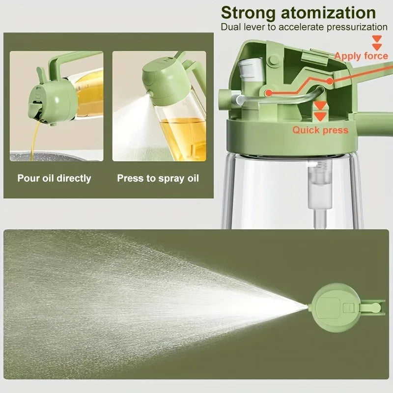 A green 2-in-1 oil spray bottle demonstrating strong atomization and dual lever pressurization for cooking.