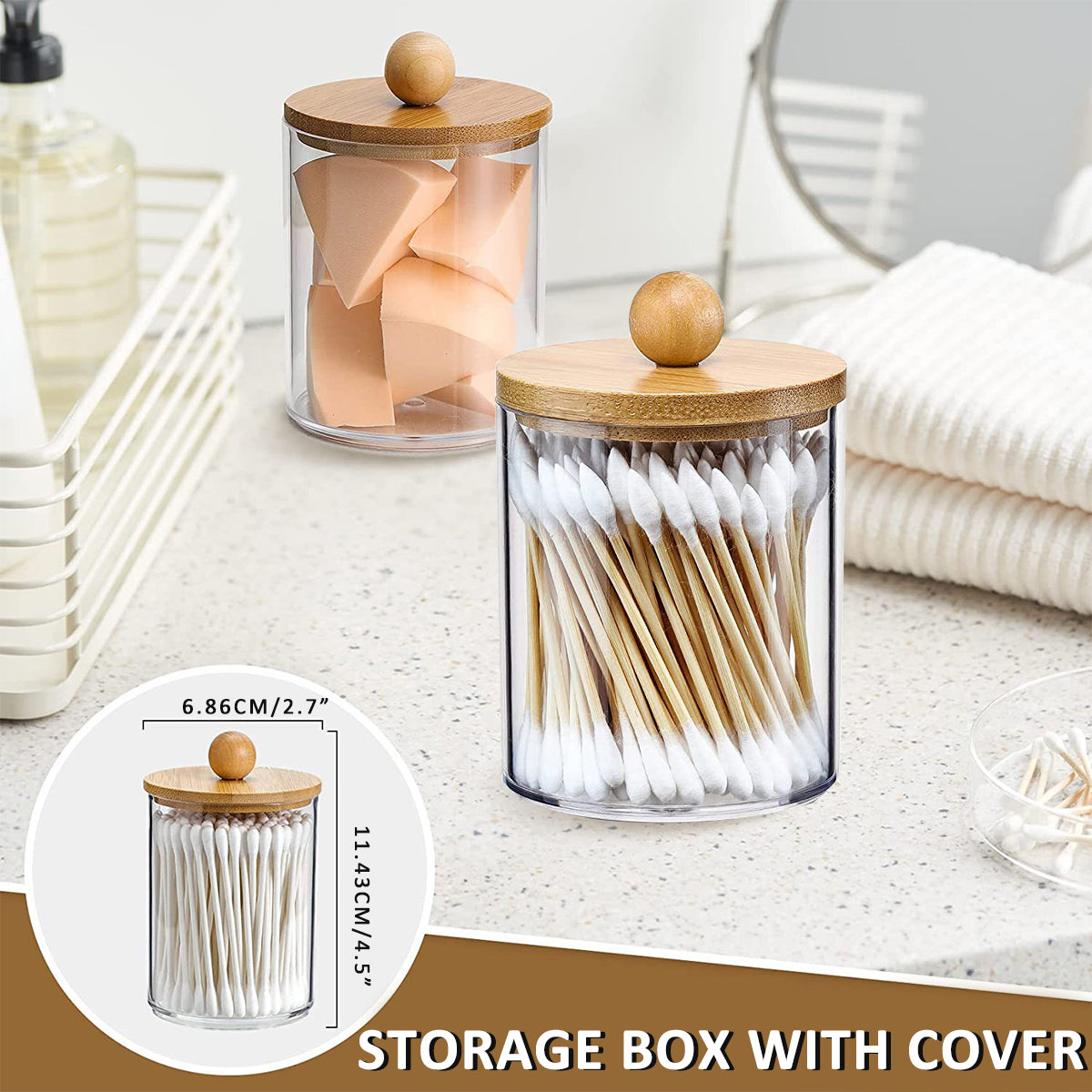 Clear acrylic storage box with bamboo lid filled with toothbrushes and other bathroom items