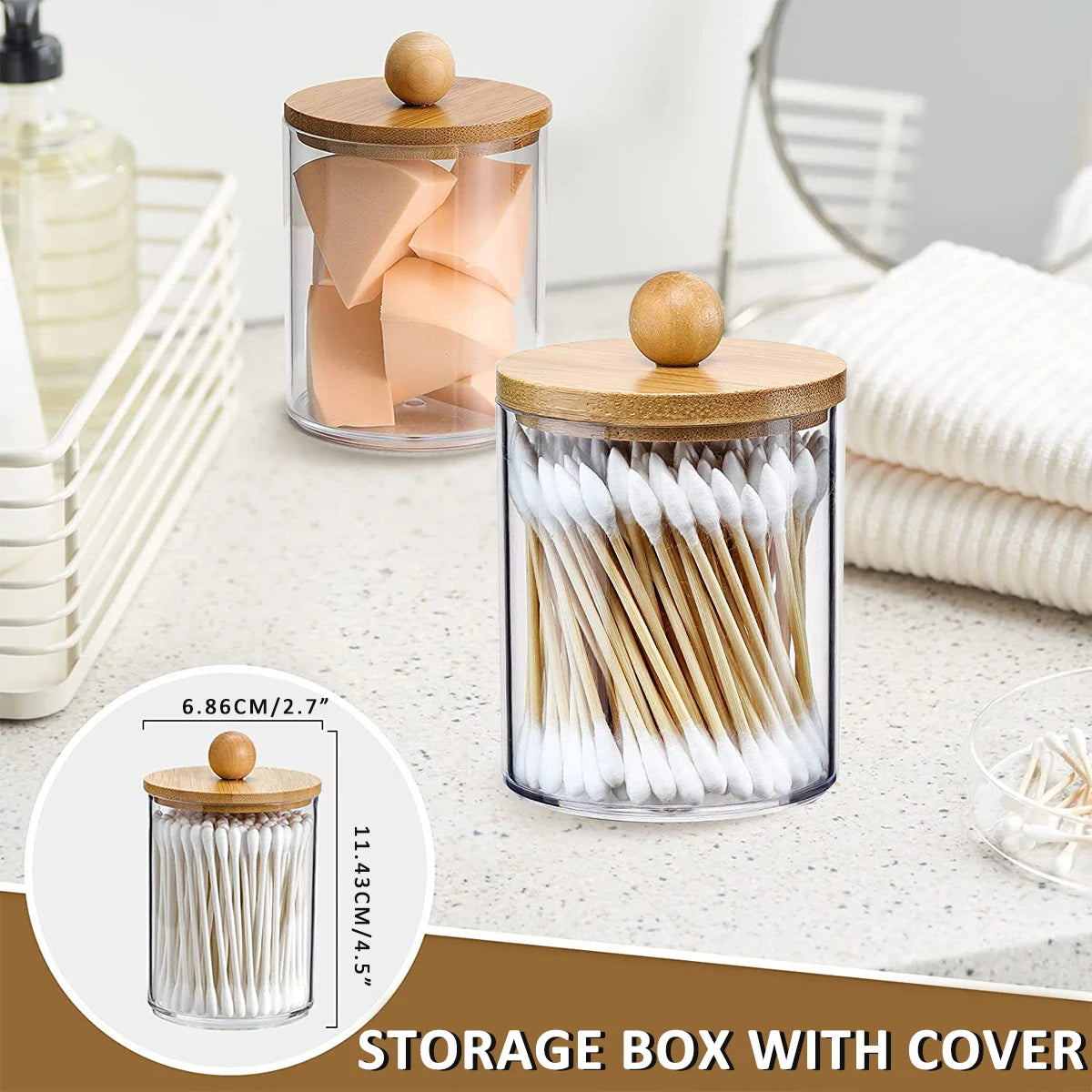 Clear glass storage box with bamboo lid filled with white toothbrushes and other bathroom items