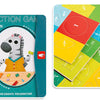 A box of wooden toys featuring fraction cards and a picture of a horse wearing a yellow shirt.