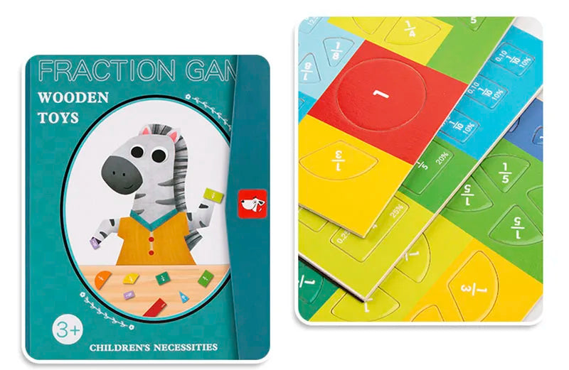 A box of wooden toys featuring fraction cards and a picture of a horse wearing a yellow shirt.
