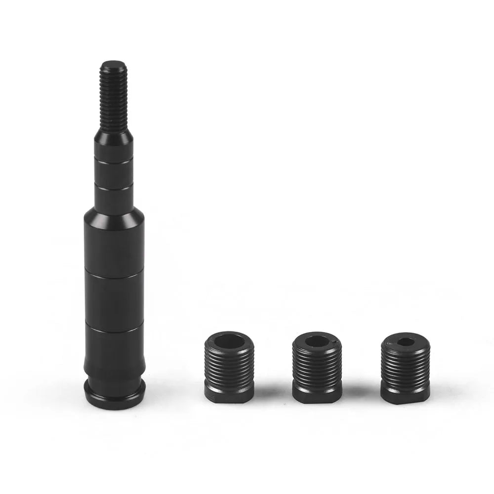 A black aluminum shift knob extender with threaded ends shown against a white background.