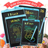 A set of black and blue LCD writing tablets for kids with stylus pens displayed against a colorful background.