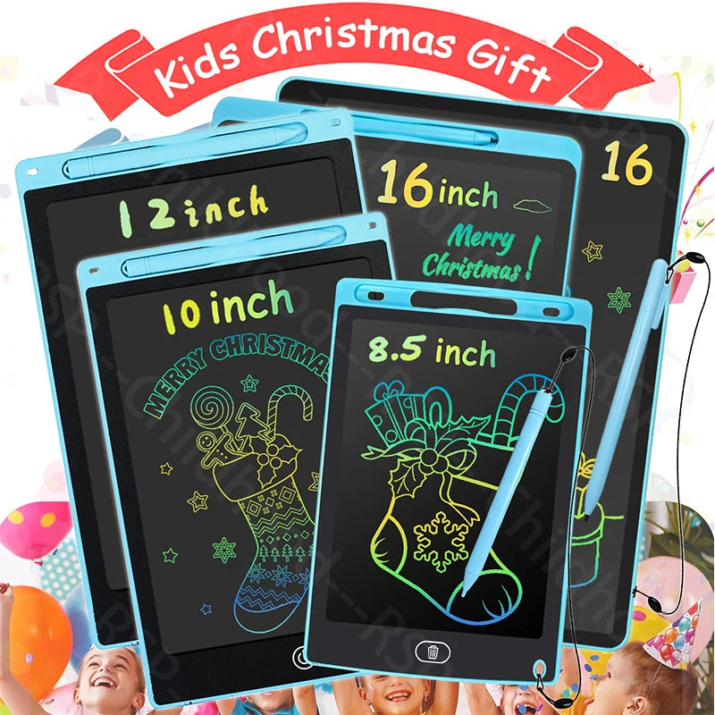 A set of black and blue LCD writing tablets for kids with stylus pens displayed against a colorful background.