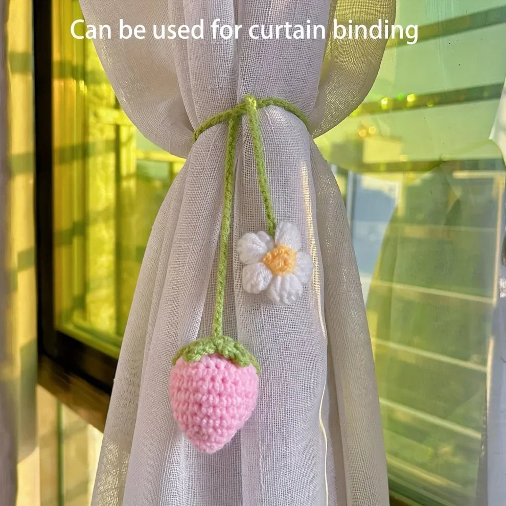 Handmade crochet strawberry pendant used for curtain binding