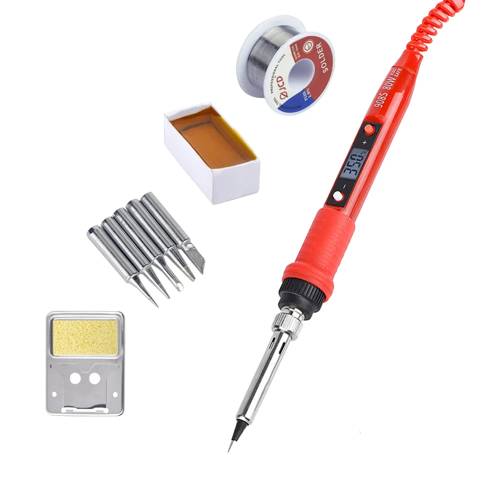 An 80W adjustable temperature soldering iron with an LCD display and tips, including a soldering iron and solder wire.