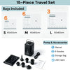 A 15-piece travel set of vacuum storage bags including various sizes and pump accessories.