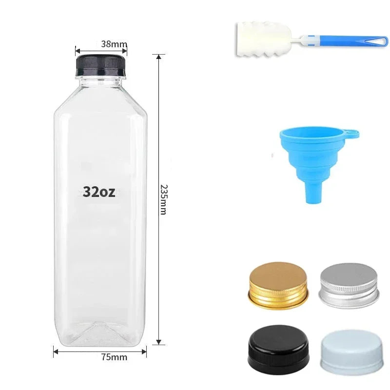A clear plastic juice bottle with a white brush and blue cap shown next to various components like a blue cup and black lids.