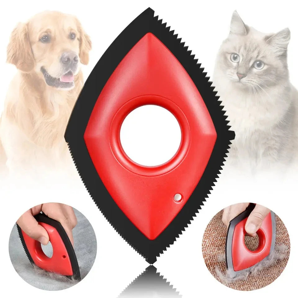 A red pet hair remover tool with a comb attachment shown alongside a dog and a cat.