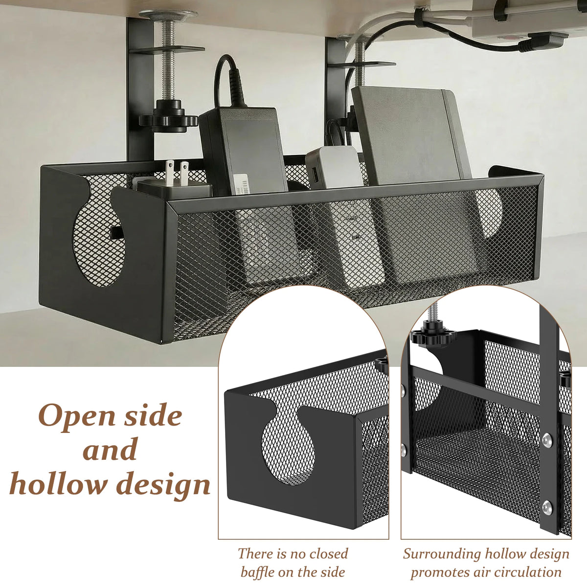Black under desk cable management tray with clamp-on design featuring an open side and hollow design for air circulation