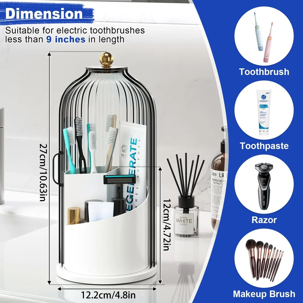 A clear rotating toothbrush holder with a dustproof cover, designed to hold electric toothbrushes.