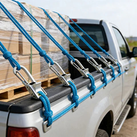 A white pickup truck is shown with heavy-duty blue rope tensioners secured across the bed rails.