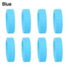 A set of blue silicone luggage wheel protectors designed to prevent scratching and reduce noise during travel.