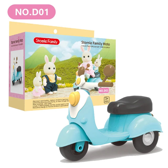 A light blue Stomle Family Moto toy scooter with a white forest animal figure.