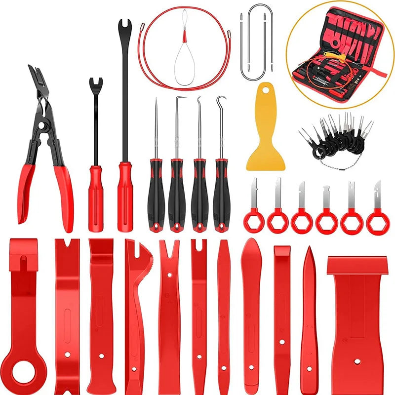 A collection of 38 car trim removal tools in red and black, including various pry bars and specialized tools.