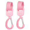 A pair of pink 360° rotating stroller hooks for hanging bags and essentials.
