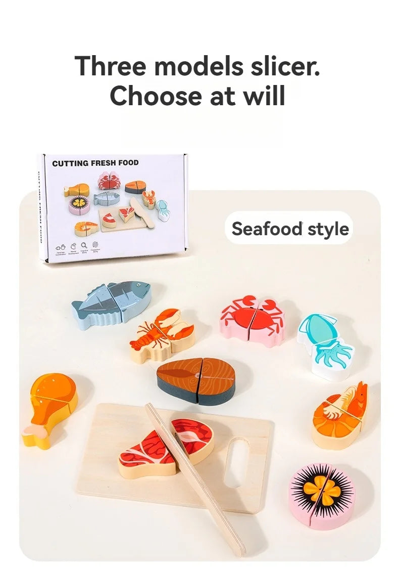 A set of three wooden slicers used for cutting food, including various fruit and vegetable shapes.