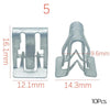 A silver metal trim panel fastener clip shown next to its dimensions and a quantity of 10 pieces.