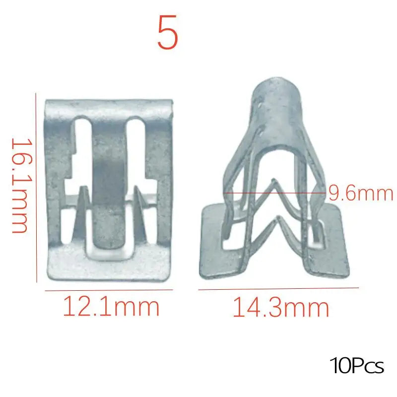 A silver metal trim panel fastener clip shown next to its dimensions and a quantity of 10 pieces.