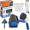 A set of eight self-priming paint rollers and a white paint tray for wall painting.