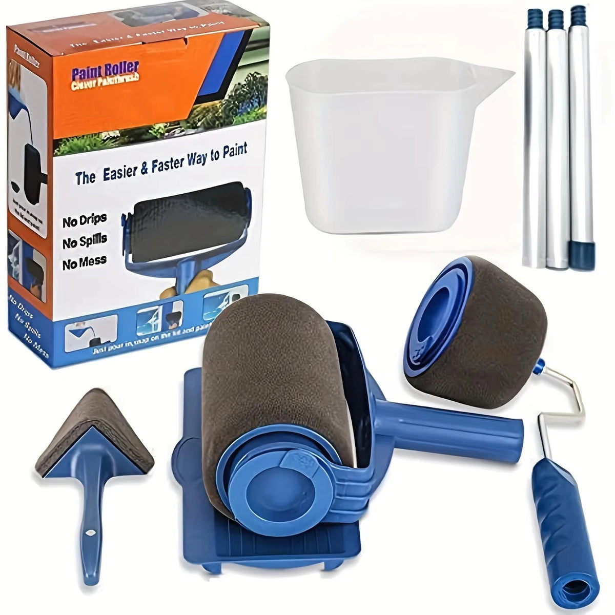 A set of eight self-priming paint rollers and a white paint tray for wall painting.