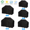 Various sizes of black waterproof grill covers including L, S, M, XS, and XL with sun and wind protection features