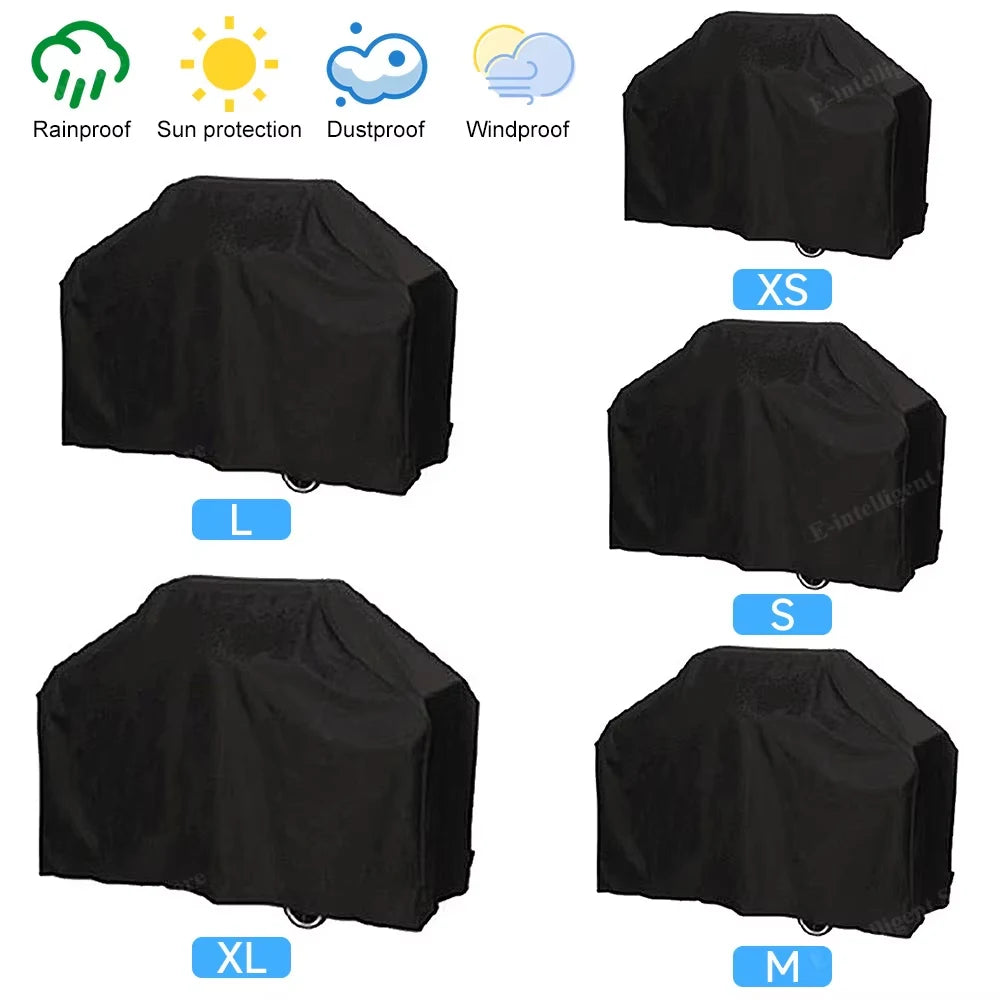 Various sizes of black waterproof grill covers including L, S, M, XS, and XL with sun and wind protection features
