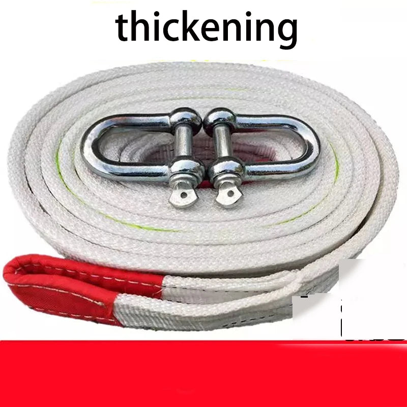 A thick gray tow rope with silver buckles and reflective stripes is shown coiled and partially unrolled.