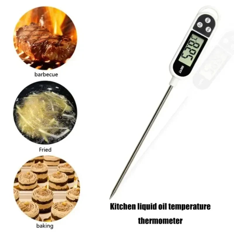 A digital food thermometer with an instant readout displaying 58.5 degrees, used for measuring kitchen liquid oil temperature