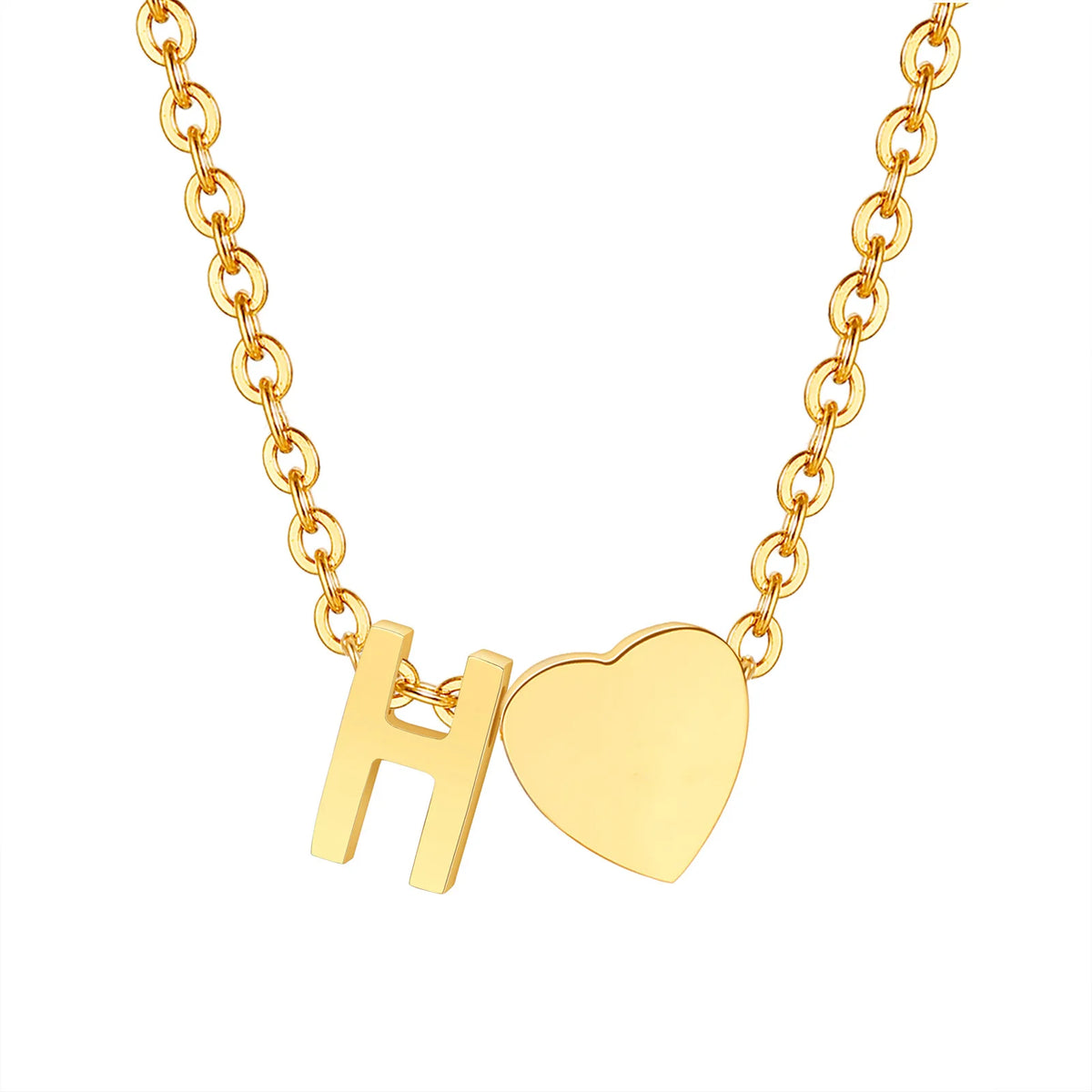 A delicate gold chain necklace featuring an initial H charm and a heart pendant.