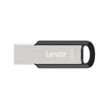 A silver and black Lexar M400 USB 3.2 flash drive is shown horizontally.