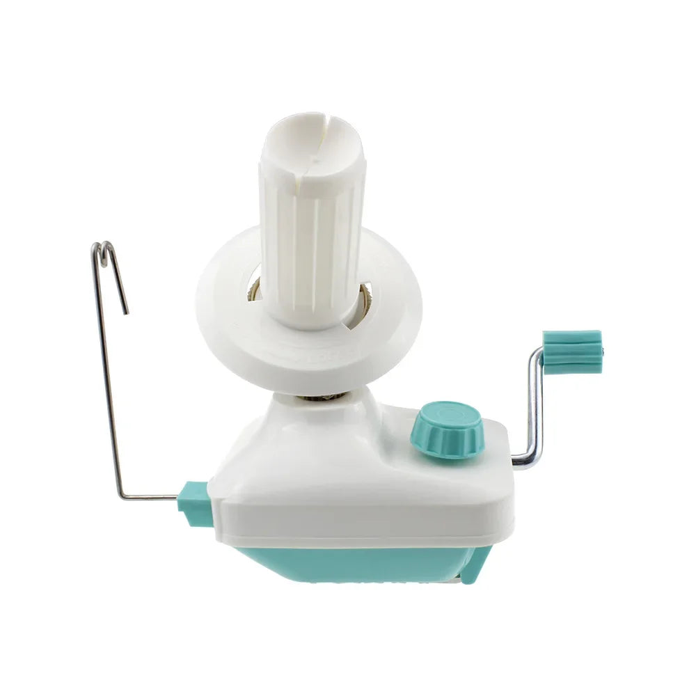 A white hand crank yarn winder device with a handle and a teal knob.
