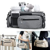 A gray stroller storage organizer bag with a front pocket and hanging straps is shown in various contexts.