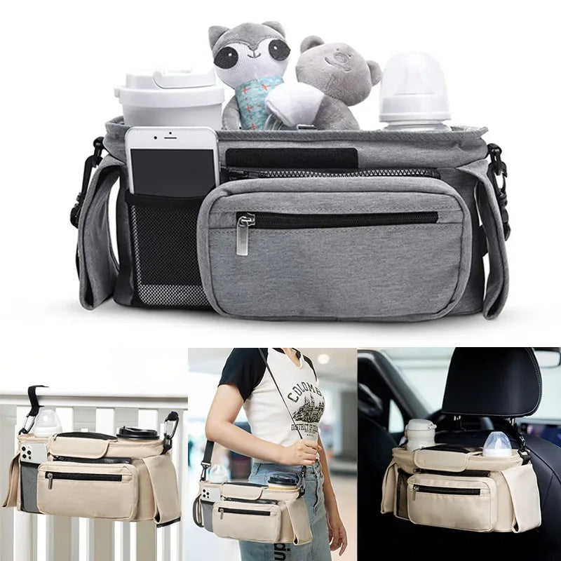 A gray stroller storage organizer bag with a front pocket and hanging straps is shown in various contexts.