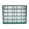 A green wall-mounted organizer with twenty-five clear plastic compartments and drawers for parts.