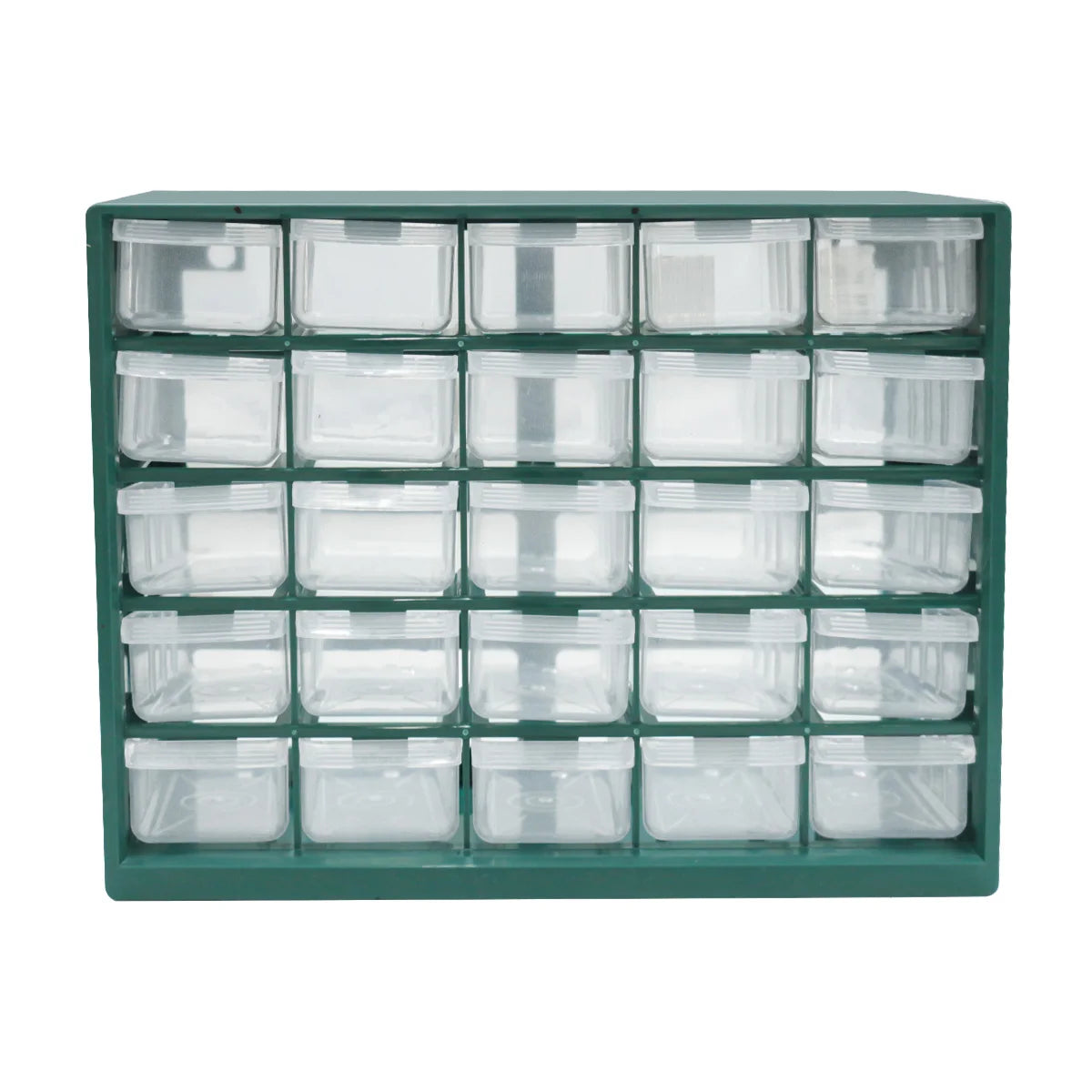 A green wall-mounted organizer with twenty-five clear plastic compartments and drawers for parts.