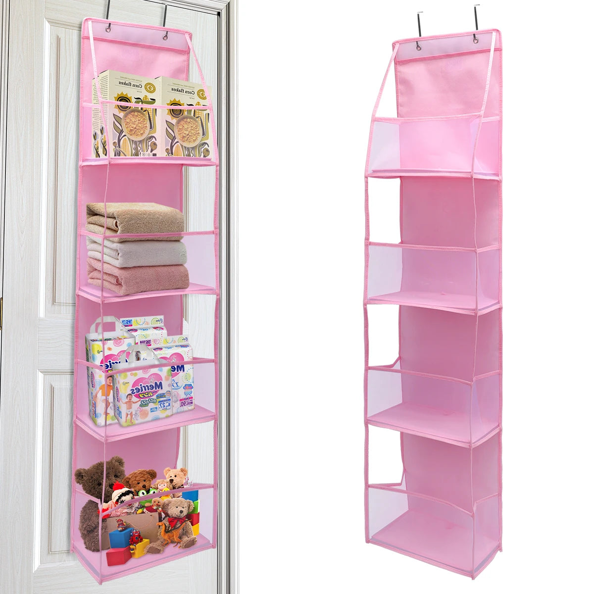Pink over-the-door hanging organizer with clear compartments for storing various items
