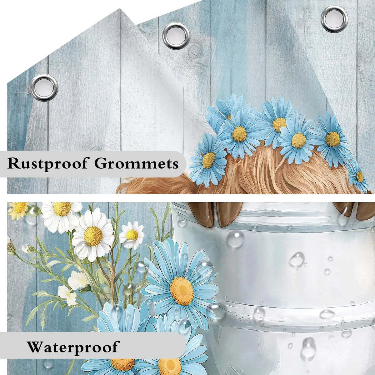 Rustproof and waterproof floral cow print shower curtain featuring blue daisies on a rustic farmhouse background