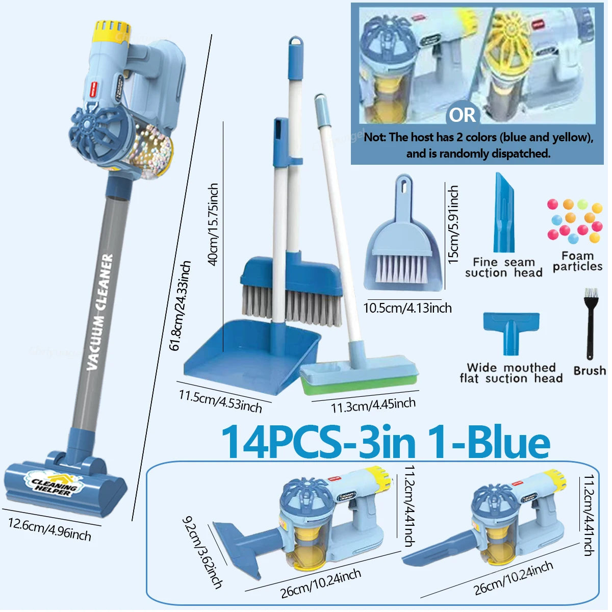A set of 14 pieces of blue vacuum cleaners and brushes for kids pretend play