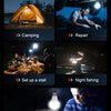 A collection of scenarios showing the use of a 15W solar-powered hanging LED lamp with a detachable power bank for camping, r