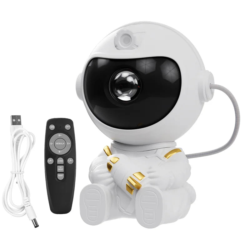 A white astronaut night light projector with a black visor and gold accents.