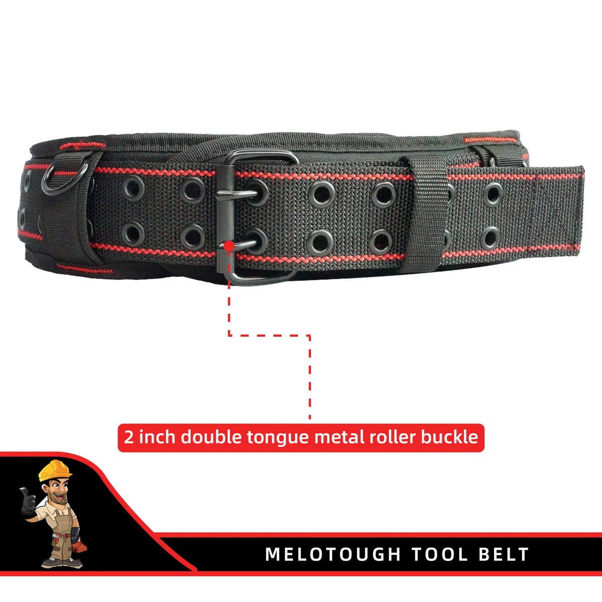 Black Melotough tool belt featuring a 2 inch double tongue metal roller buckle and padded construction.